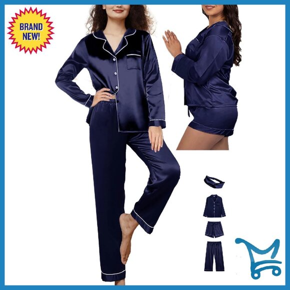 Silk Satin Pajama Set 4-Piece Long Sleeve V-Neck Lounge Sleepwear